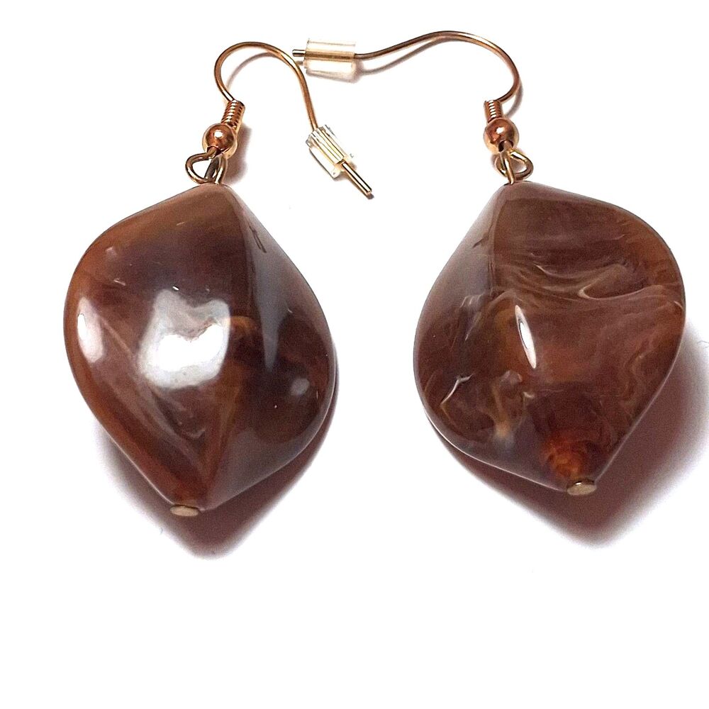 ​VINTAGE BROWN MARBLED ACRYLIC DROP EARRINGS CHUNKY LUCITE TORTOISE BOHO JEWELRY